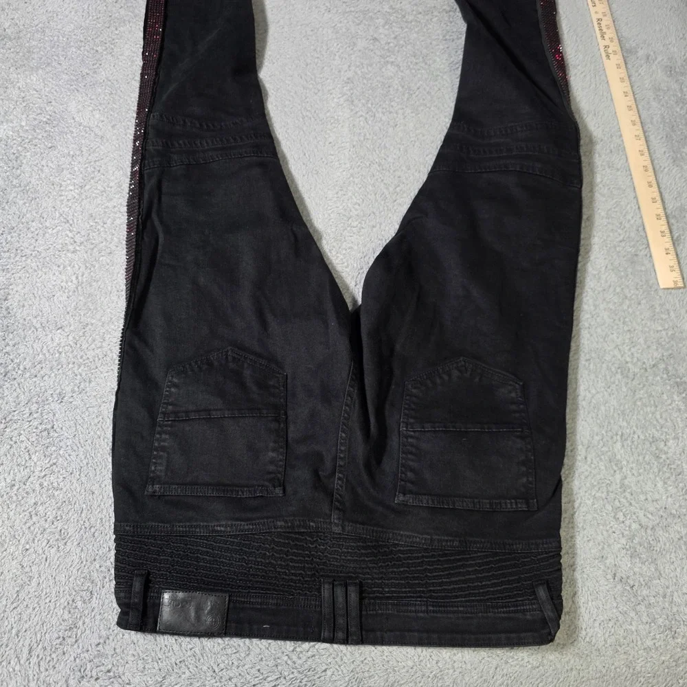 Focus Jeans Mens 36x32 Moto Denim Black Distressed Red Rhinestone Side Stripe